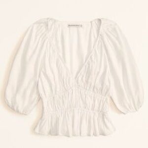 Abercrombie & Fitch Plunge Neck Puff Sleeve Babydoll Top – White Linen - Size M